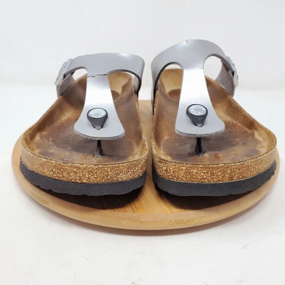 Birkenstock Gizeh Sandals 38‎ Womens 7 Silver Thong Buckle Strap Cracked Straps